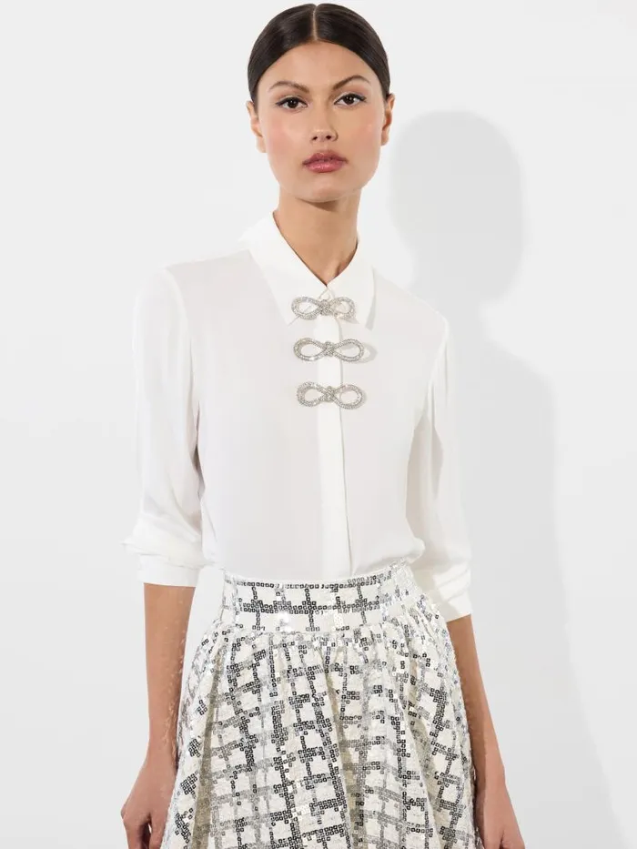 Alice Olivia WILLA PLACKET TOP WITH EMBELLISHED BOW DETAIL Black Women Tops