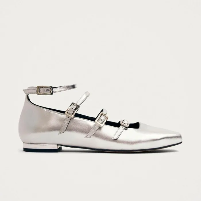 Ballet Flats Women ALOHAS Luke Shimmer Silver Leather Ballet Flats