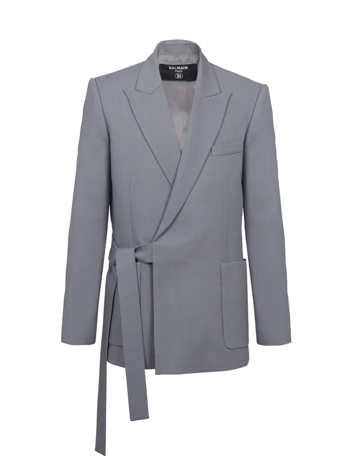 Belted Asymmetrical Jacket In Double Crepe Grey Men Balmain Jackets And Blazers