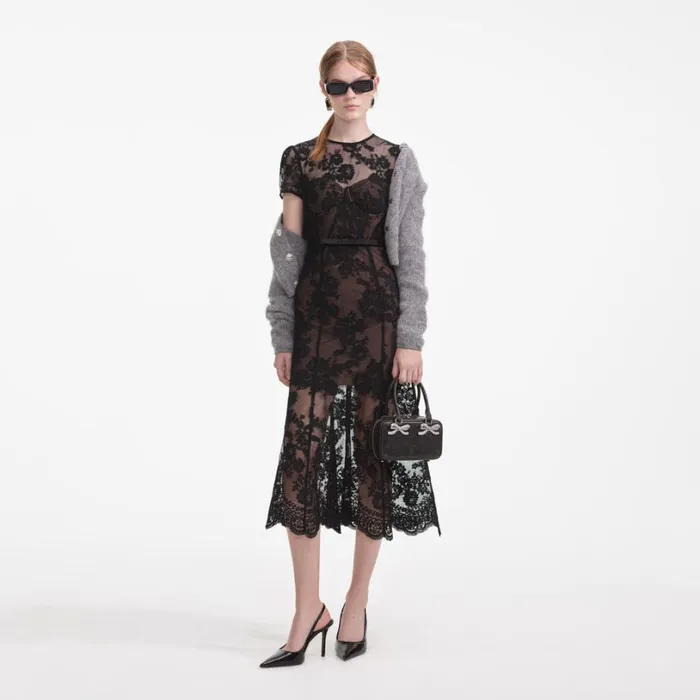Black Lace Bustier Midi Dress Women Self Portrait Dresses