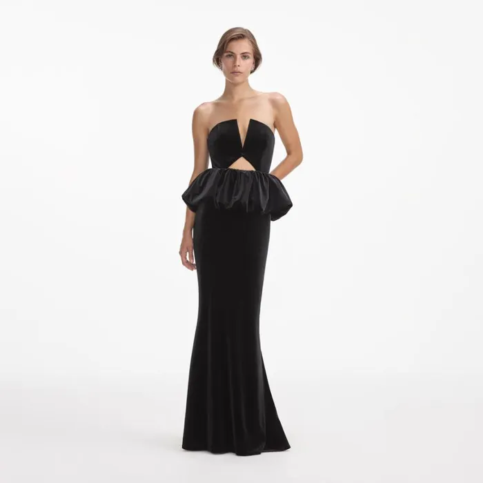 Black Velvet Peplum Maxi Dress Women Self Portrait Dresses