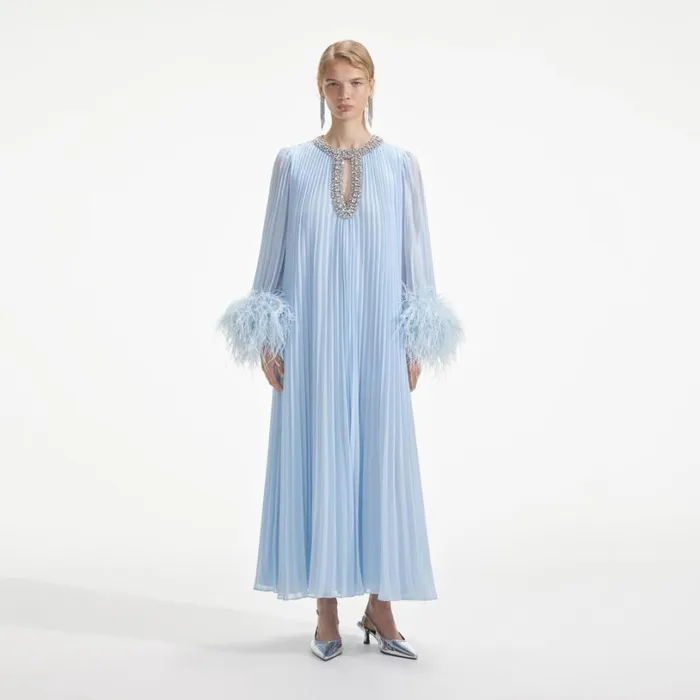 Blue Chiffon Feather Midi Dress Women Self Portrait Dresses