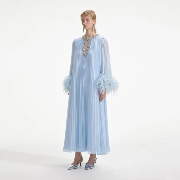 Blue Chiffon Feather Midi Dress Women Self Portrait Dresses