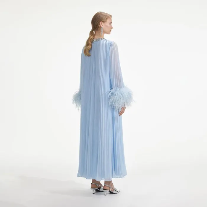 Blue Chiffon Feather Midi Dress Women Self Portrait Dresses