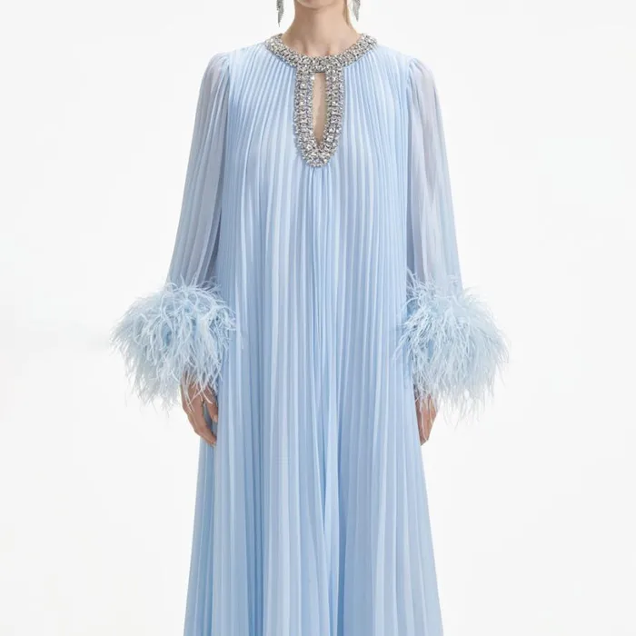 Blue Chiffon Feather Midi Dress Women Self Portrait Dresses