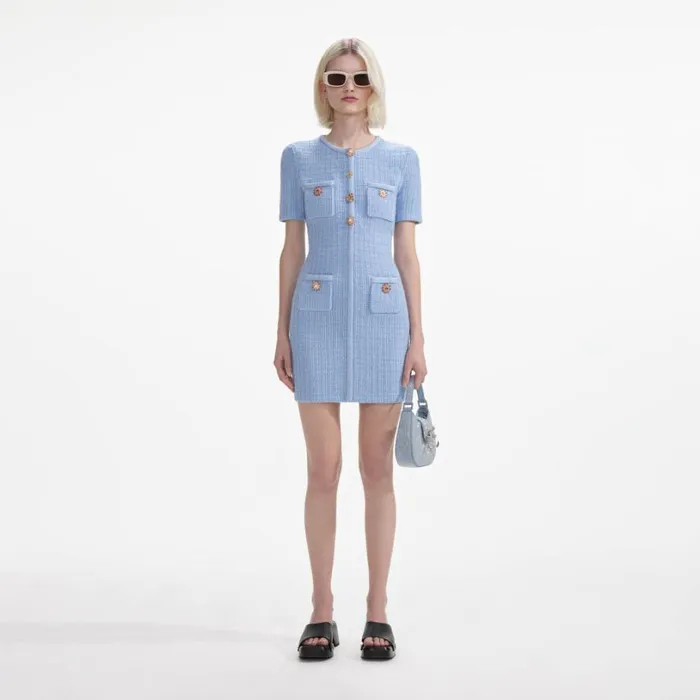 Blue Jewel Button Knit Mini Dress Women Self Portrait Dresses