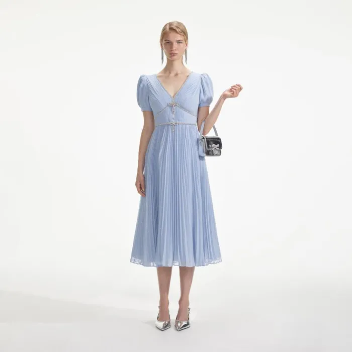 Blue Metallic Chiffon Midi Dress Women Self Portrait Dresses
