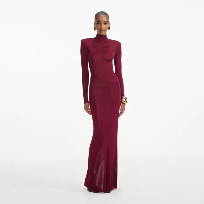 Burgundy Viscose Knit Maxi Dress Women Self Portrait Dresses
