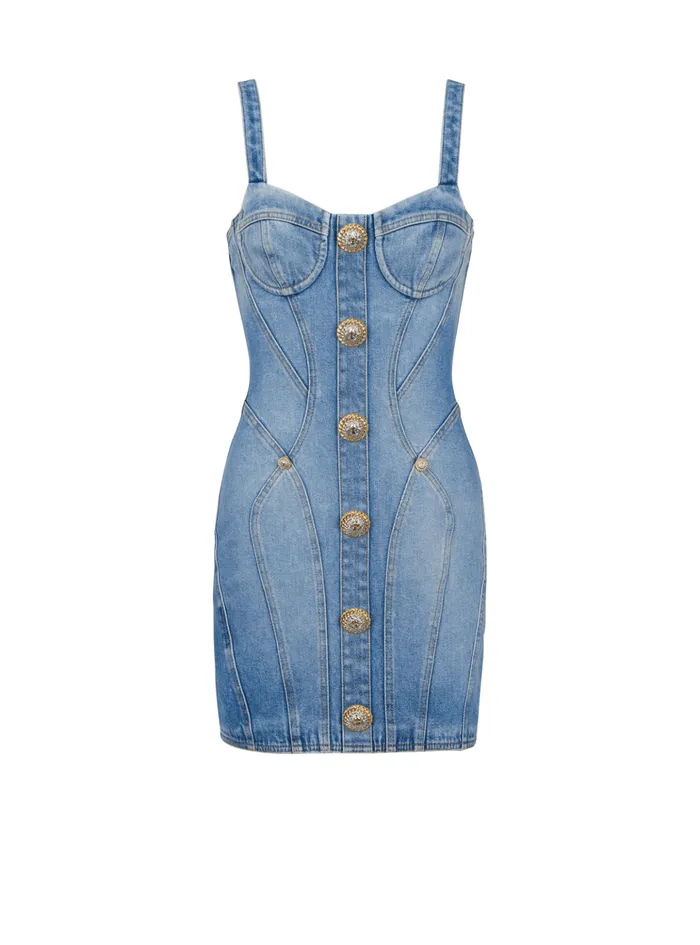 Buttoned Short Denim Dress Blue Women Balmain Dresses