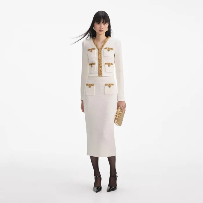 Cream Lurex Knit Midi Skirt Women Self Portrait Knitwear