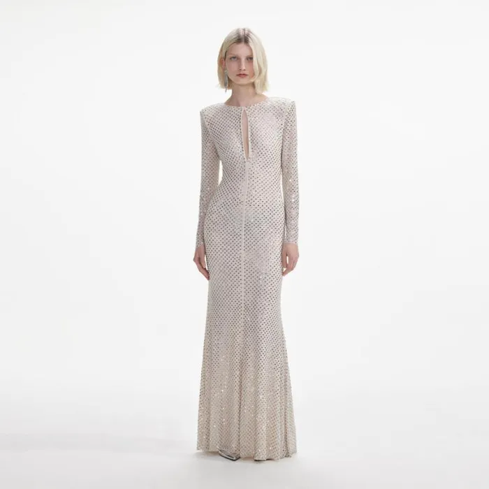 Cream Rhinestone Keyhole Maxi Dress Women Self Portrait Dresses