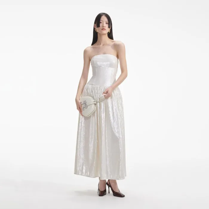 Cream Sequin Bandeau Midi Dress Women Self Portrait Dresses Cream Sequin Bandeau Midi Dress Women Self Portrait Dresses