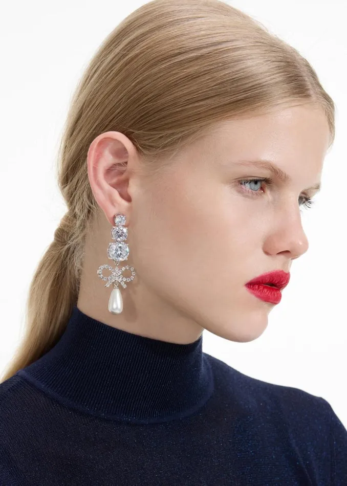 Crystal Bow Pearl Earrings Women Self Portrait Jewellery Crystal Bow Pearl Earrings Women Self Portrait Jewellery