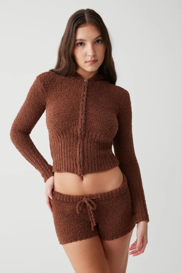 Frankies Bikinis Matching Sets Women Harlowe Fuzzy Zip Up Hoodie Chocolate Lily