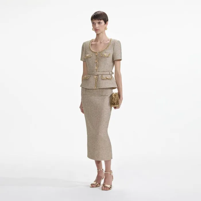 Gold Boucle Peplum Top Women Self Portrait Tops Gold Boucle Peplum Top Women Self Portrait Tops