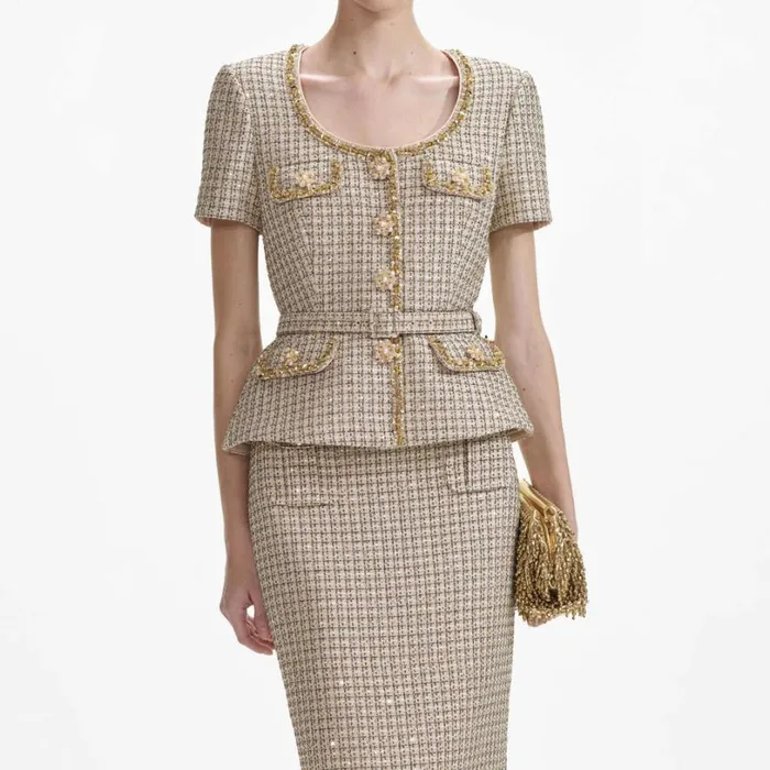 Gold Boucle Peplum Top Women Self Portrait Tops Gold Boucle Peplum Top Women Self Portrait Tops