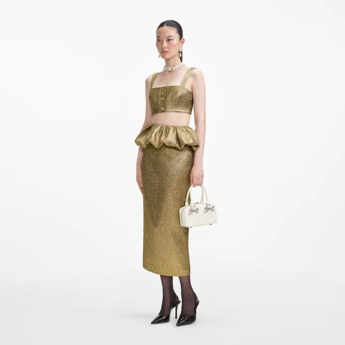 Gold Metallic Jacquard Crop Top Women Self Portrait Tops