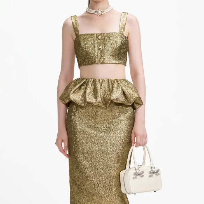 Gold Metallic Jacquard Crop Top Women Self Portrait Tops