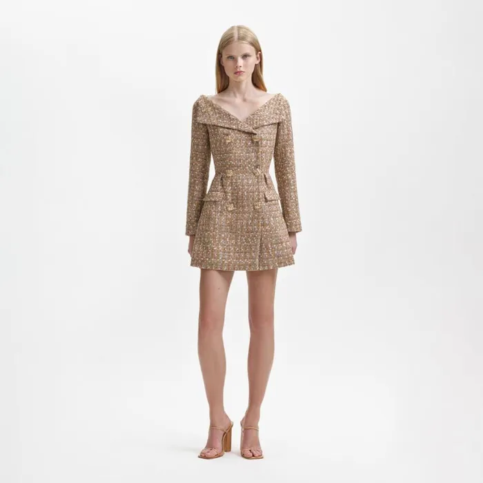 Gold Tinsel Boucle Off Shoulder Mini Dress Women Self Portrait Dresses