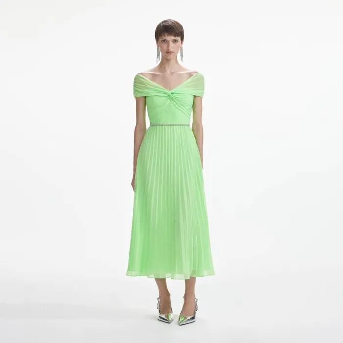 Green Off Shoulder Chiffon Midi Dress Women Self Portrait Dresses