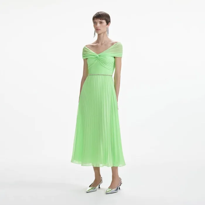 Green Off Shoulder Chiffon Midi Dress Women Self Portrait Dresses