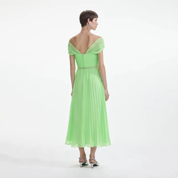 Green Off Shoulder Chiffon Midi Dress Women Self Portrait Dresses
