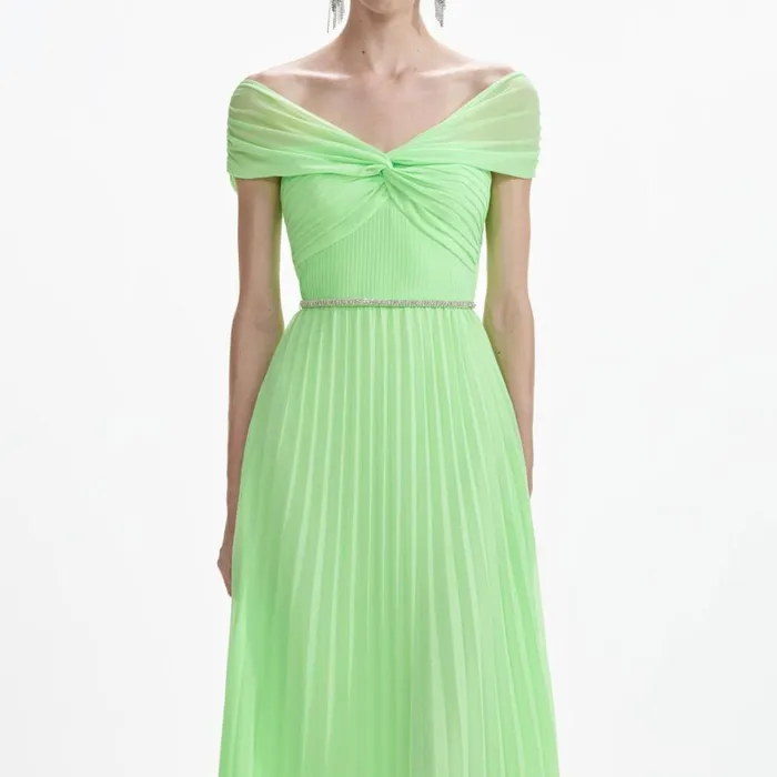 Green Off Shoulder Chiffon Midi Dress Women Self Portrait Dresses