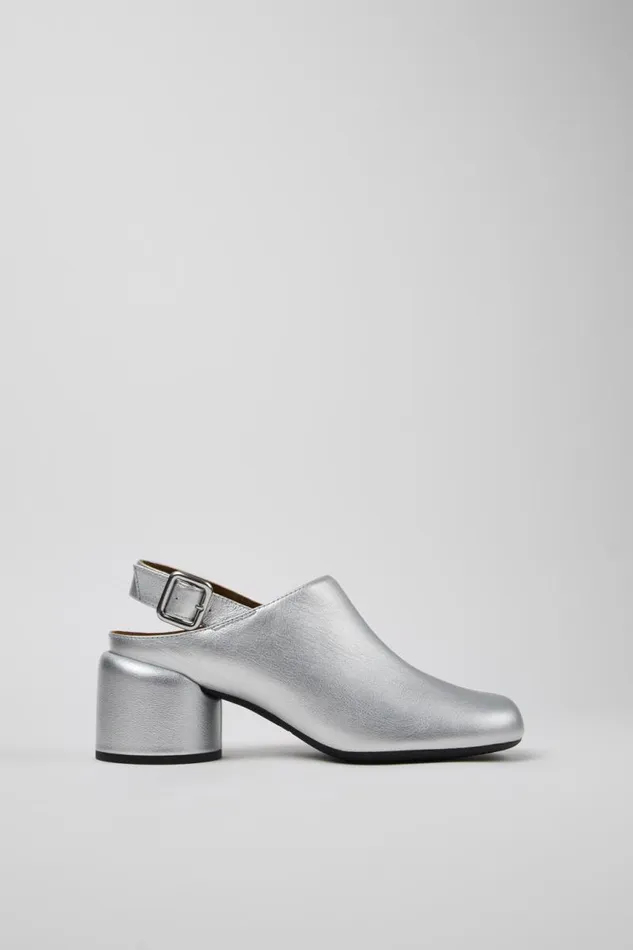 Heels Women Camper Niki Silver Leather SemiOpen Shoes Heels Women Camper Niki Silver Leather SemiOpen Shoes