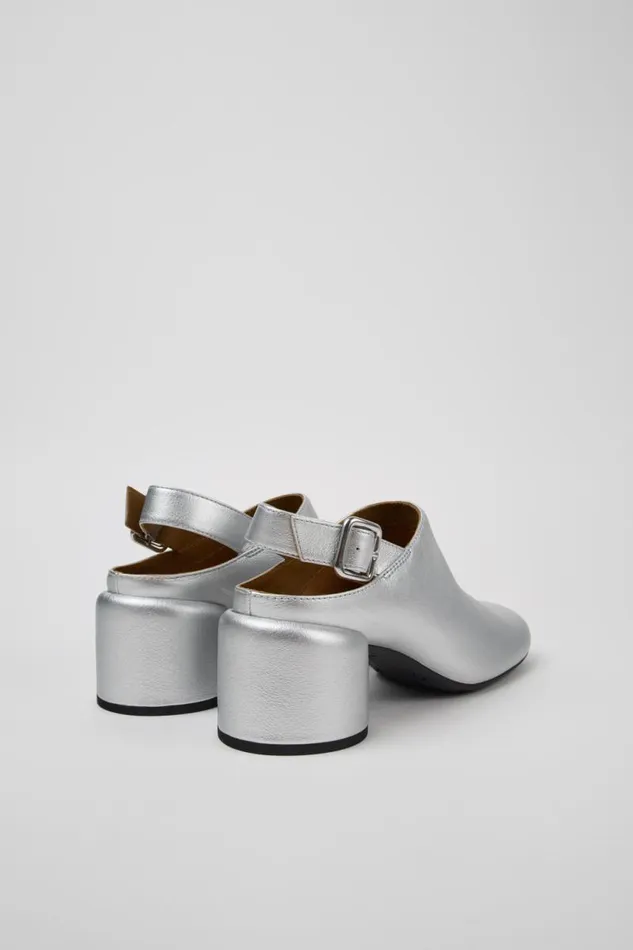 Heels Women Camper Niki Silver Leather SemiOpen Shoes Heels Women Camper Niki Silver Leather SemiOpen Shoes