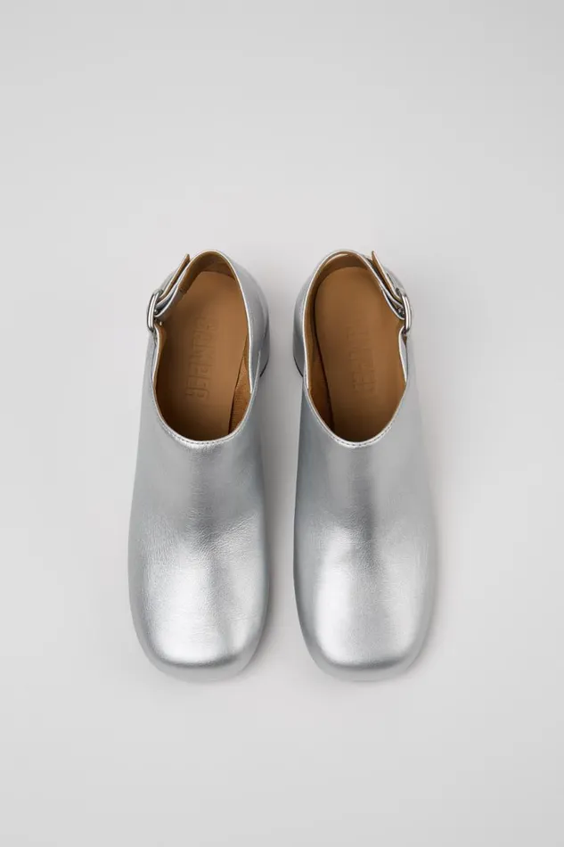 Heels Women Camper Niki Silver Leather SemiOpen Shoes Heels Women Camper Niki Silver Leather SemiOpen Shoes