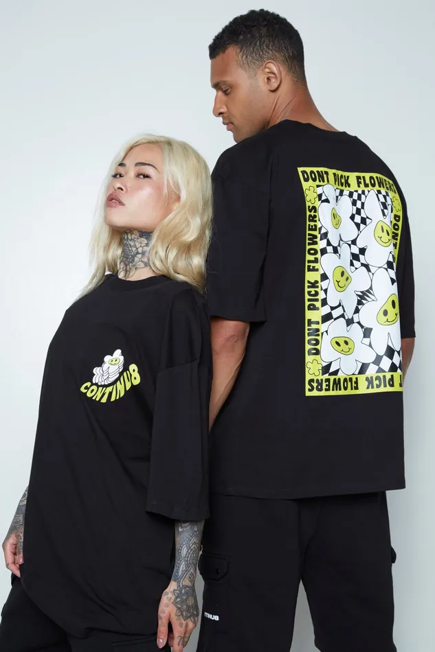 Just Hype TShirts Continu8 Unisex Black Don039T Pick Flowers Boxy TShirt