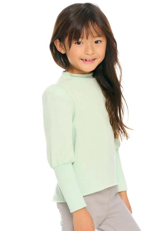 Kids Girls Chaser Brand Semi Cropped Hi Lo Mock Neck Puff Sleeve Pullover