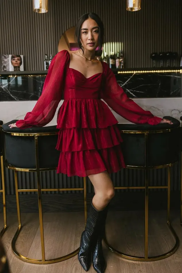 Kristina Tiered Shimmer Dress Burgundy Women Bohme Dresses