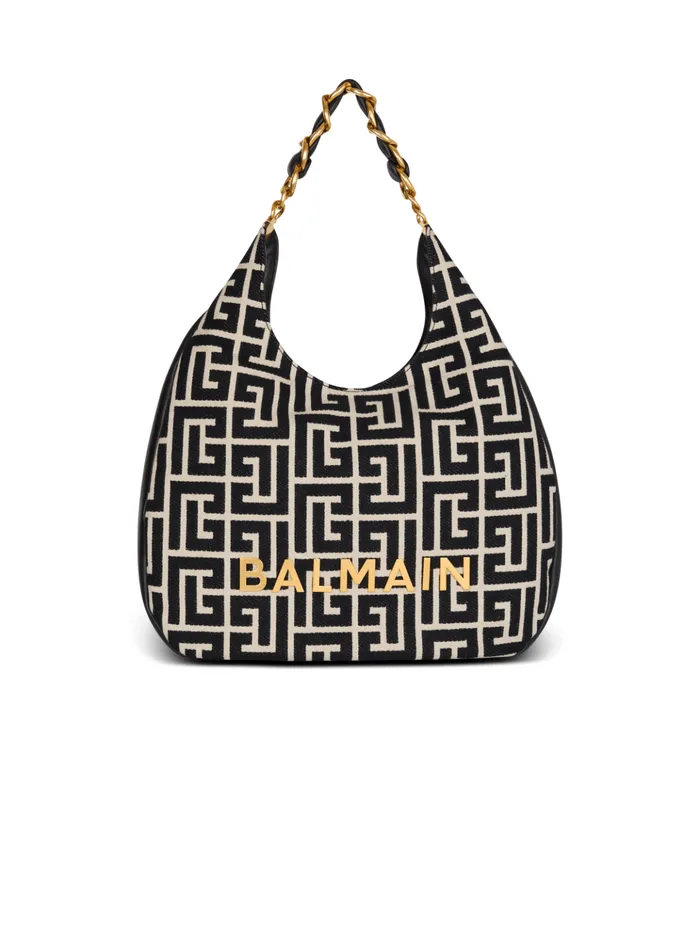Large 1945 Soft Hobo Bag In Jacquard Fabric With A PB Labyrinth Monogram Black Women Balmain Shoulder Bags