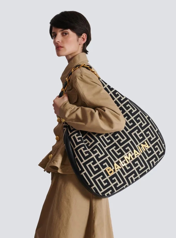 Large 1945 Soft Hobo Bag In Jacquard Fabric With A PB Labyrinth Monogram Black Women Balmain Shoulder Bags