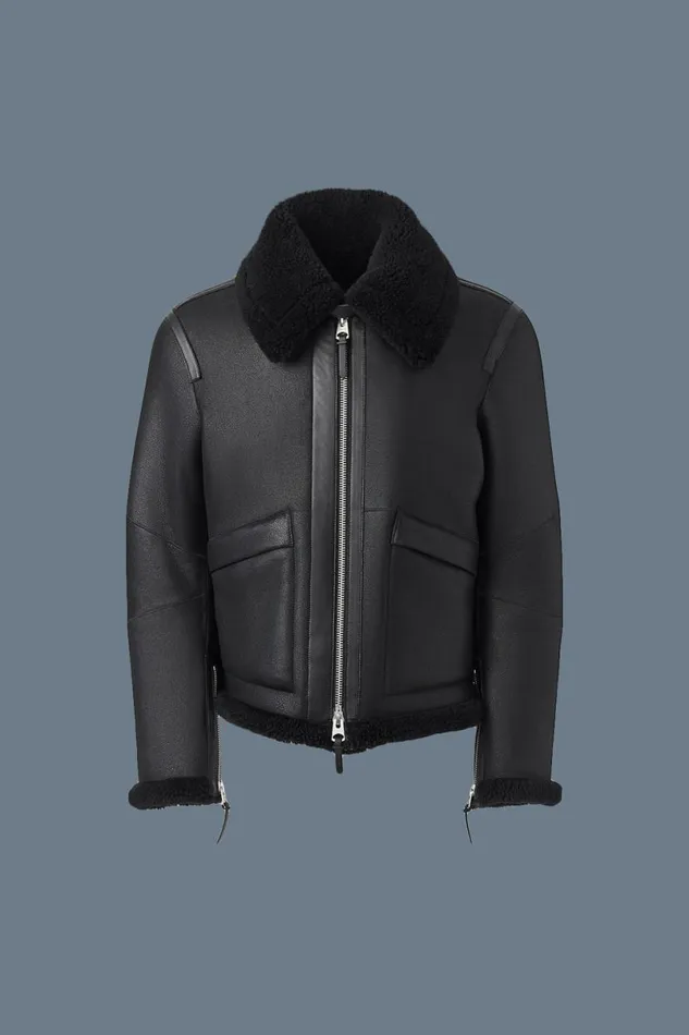 Leather Jackets Men Mackage KRISTIAN Sheepskin Jacket With Spread Collar Black