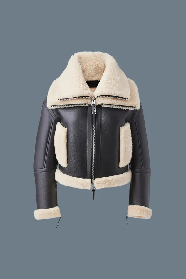 Leather Jackets Women Mackage PENELOPA Sheepskin Jacket With Double Collar Chocolate