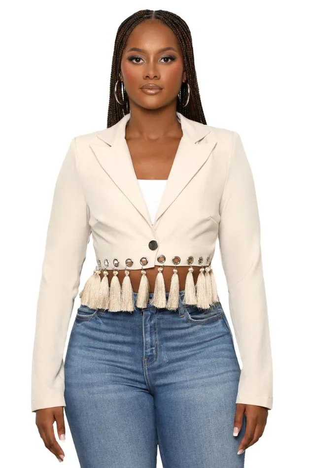 Lilly039s Kloset Jackets and Coats Women Tassel Cascade Blazer TanFINAL SALE