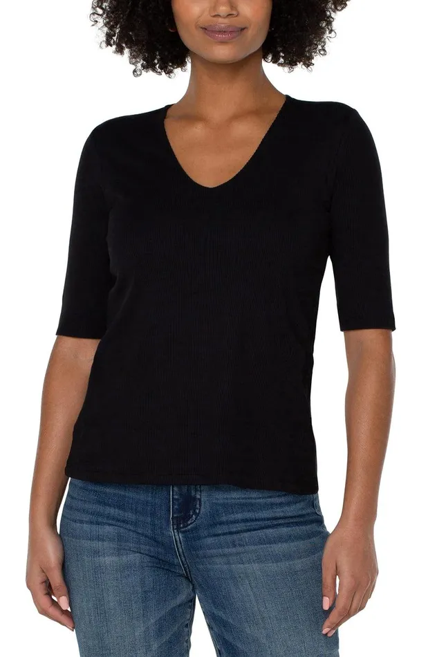 Liverpool Los Angeles DOUBLE LAYER VNECK RIB KNIT TOP Black Women TSHIRTS