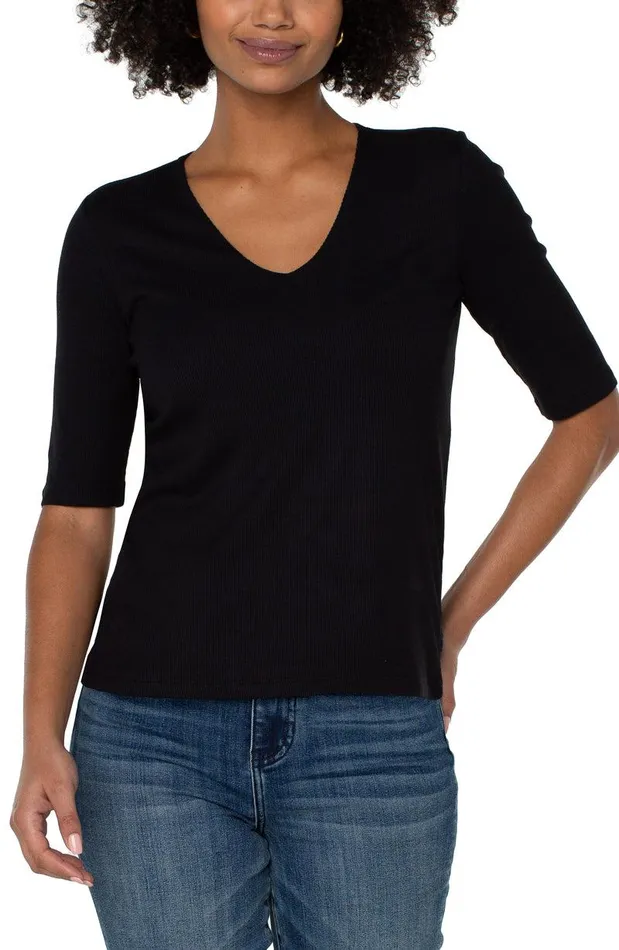 Liverpool Los Angeles DOUBLE LAYER VNECK RIB KNIT TOP Black Women TSHIRTS
