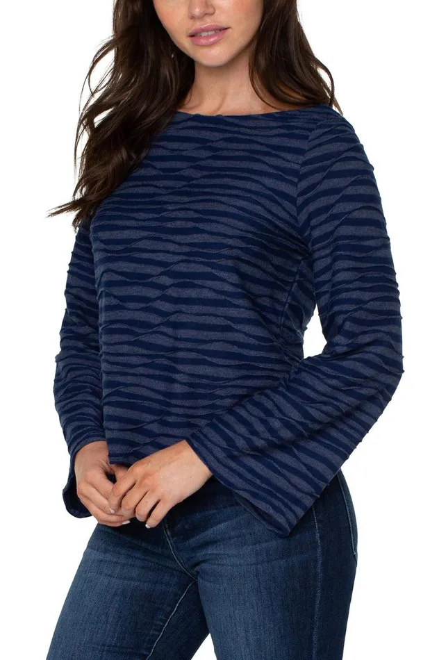 Liverpool Los Angeles FLARED SLEEVE BOAT NECK KNIT TOP Navy Spacedye Stripe Women KNIT TOPS