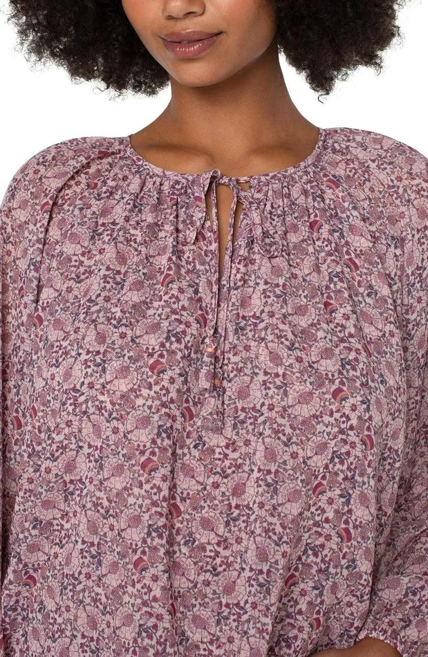 Liverpool Los Angeles LAYERED SHIRRED BLOUSE WITH NECK TIES Wildflower Ditsy Print Women WOVEN TOPS