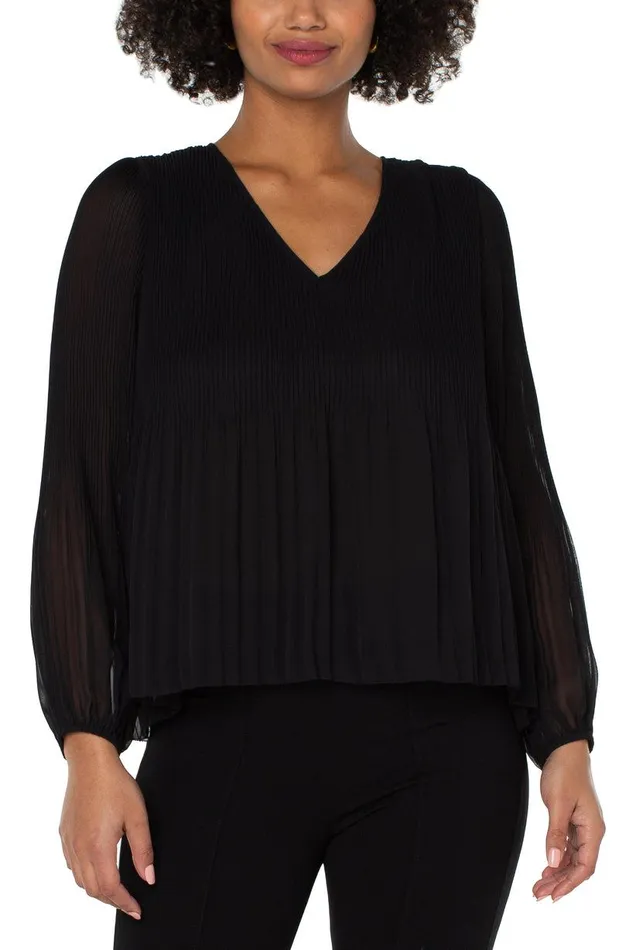 Liverpool Los Angeles LONG SLEEVE VNECK PLEATED TOP Black Women WOVEN TOPS