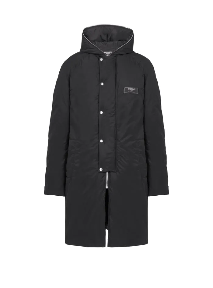 Long Down Nylon Jacket With Label Black Men Balmain Outerwear