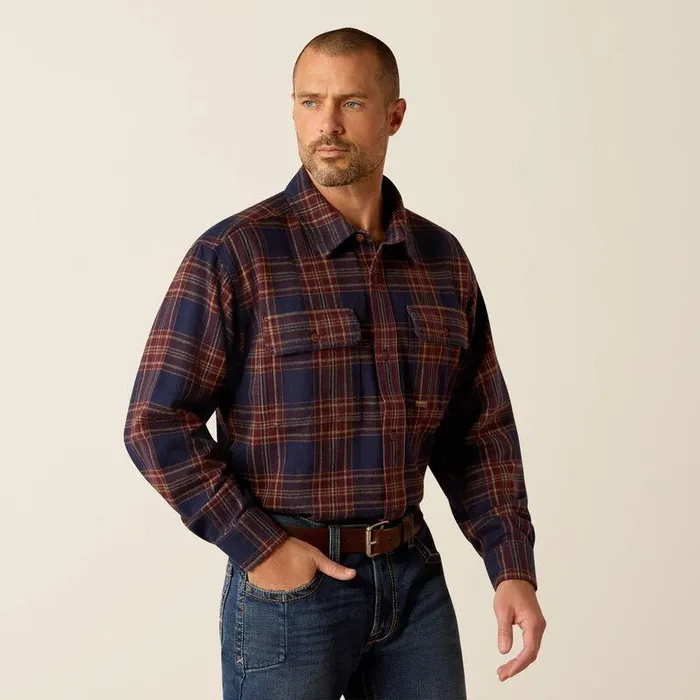 Men Button Down Shirts Ariat Rebar Heavy Flannel Work Shirt Navy and Malbec