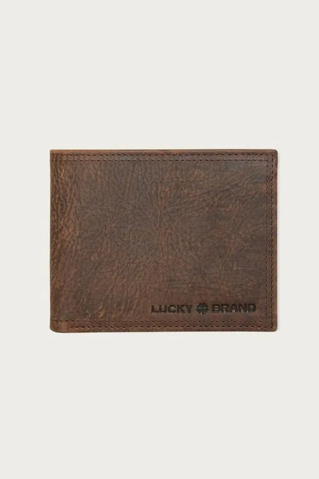 Men Lucky Brand Bags and Wallets Double Stitched Leather Bifold Wallet Dark Brown