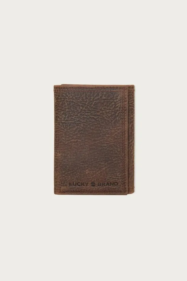 Men Lucky Brand Bags and Wallets Double Stitched Leather Trifold Wallet Dark Brown