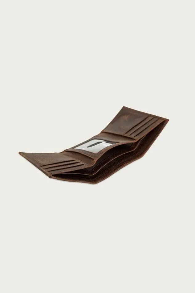 Men Lucky Brand Bags and Wallets Double Stitched Leather Trifold Wallet Dark Brown