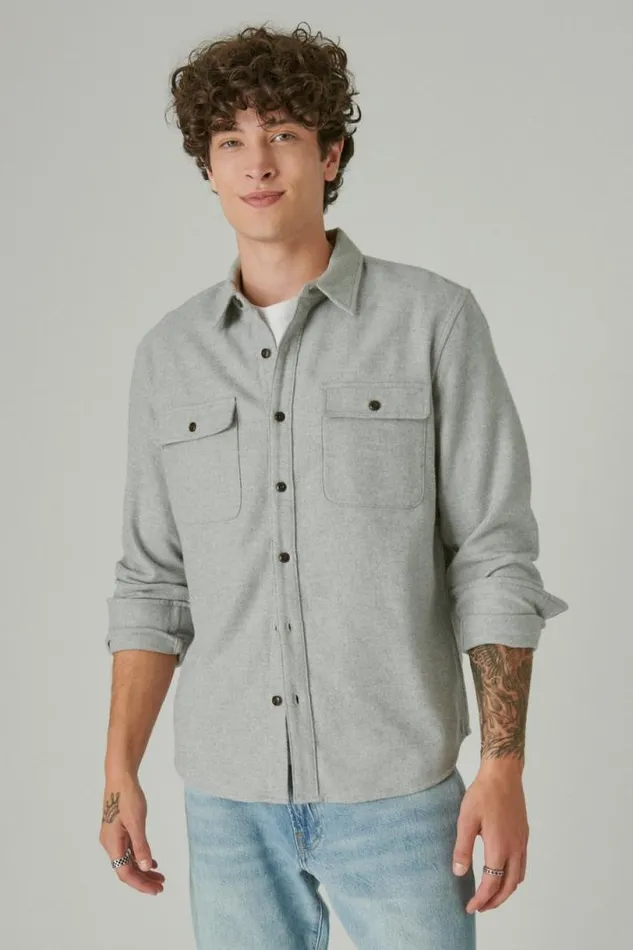 Men Lucky Brand ButtonDowns Solid Utility Cloud Soft Long Sleeve Flannel Grey Heather