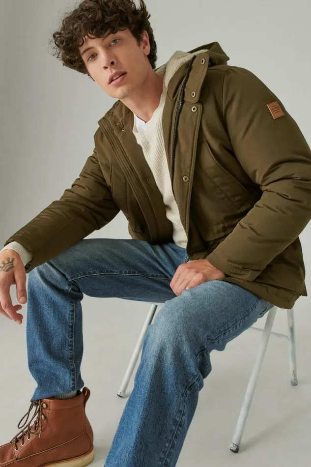 Men Lucky Brand Jackets and Outerwear Faux Shearling Lined Hooded Parka Olive